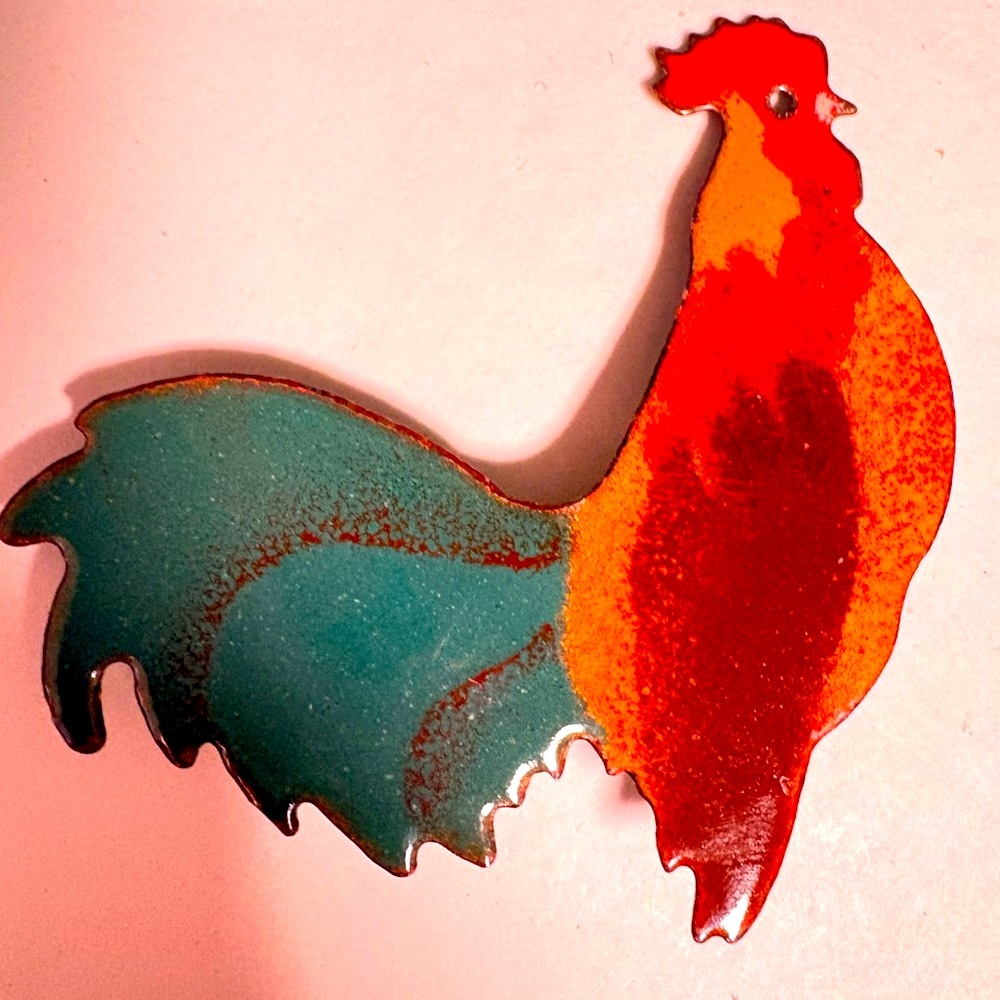 Vintage 1960s enameled metal Colorful Rooster Brooch